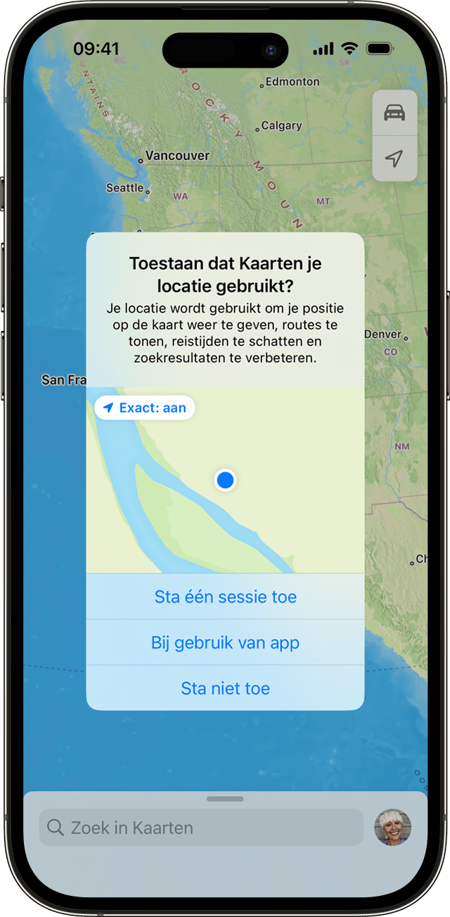 Een app vraagt toegang tot je locatie terwijl je de app op de iPhone gebruikt