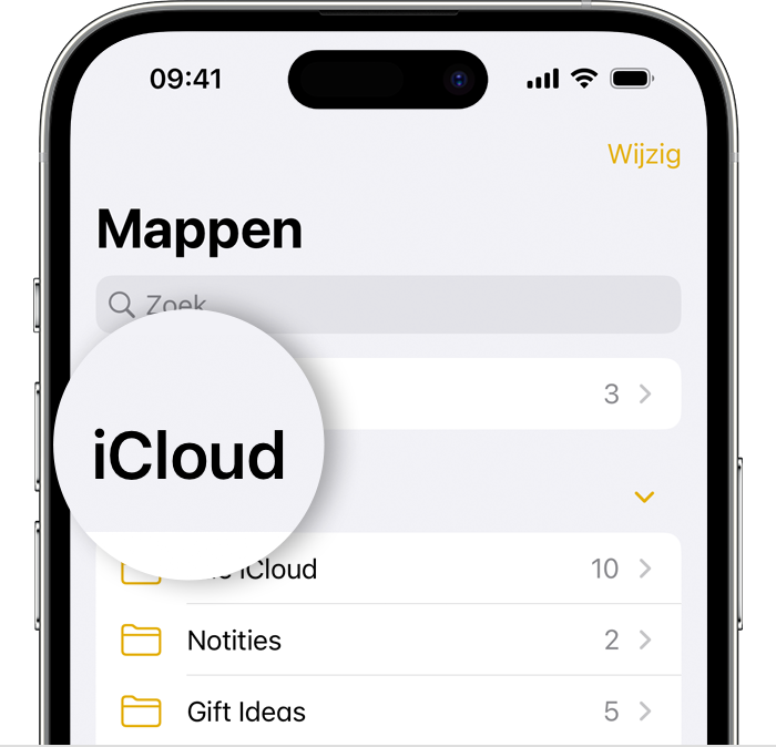 iPhone met het scherm 'Mappen' in de Notities-app met de iCloud-map benadrukt