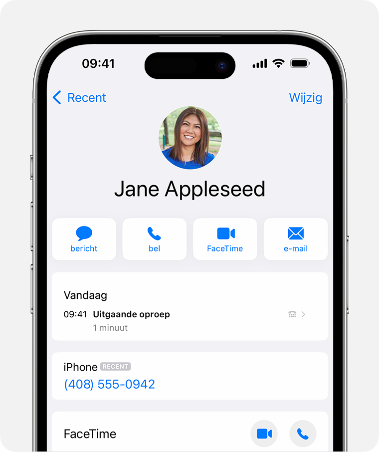 iPhone-scherm met de belgeschiedenis voor een contact