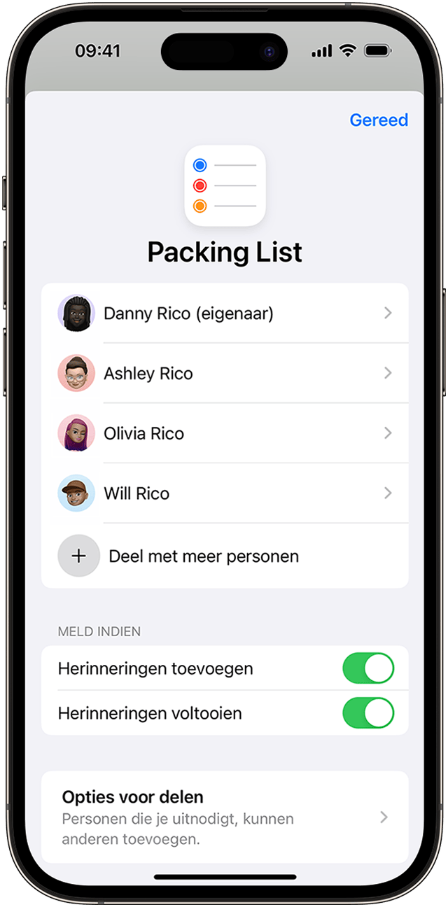 Op je iPhone kun je een herinneringenlijst delen met je contacten, maar de automatische meldingen moet je wijzigen via de opties in 'Beheer gedeelde lijst'.
