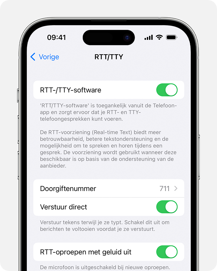 iPhone-scherm met RTT-/TTY ingeschakeld
