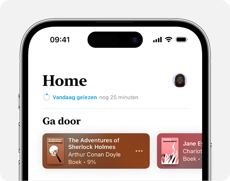 iPhone-scherm met het gedeelte 'Home' van de Boeken-app. 