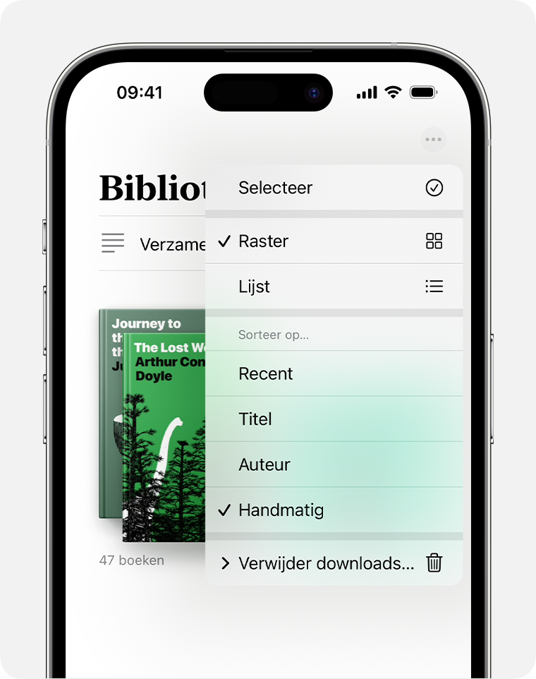 iPhone-scherm met de opties voor het ordenen van de Boeken-app. 