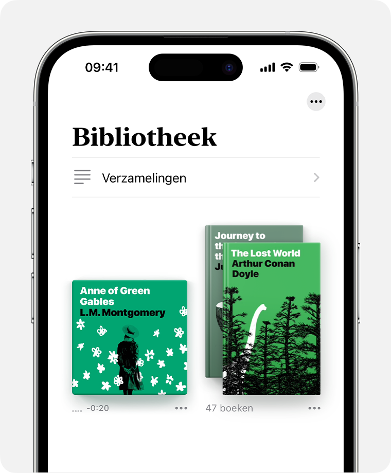 iPhone-scherm met het gedeelte 'Bibliotheek' van de Boeken-app. 