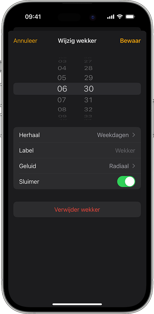 Bewerk een wekker op de iPhone in de Klok-app.