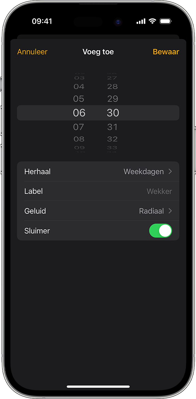 Zet een wekker op de iPhone in de Klok-app. 