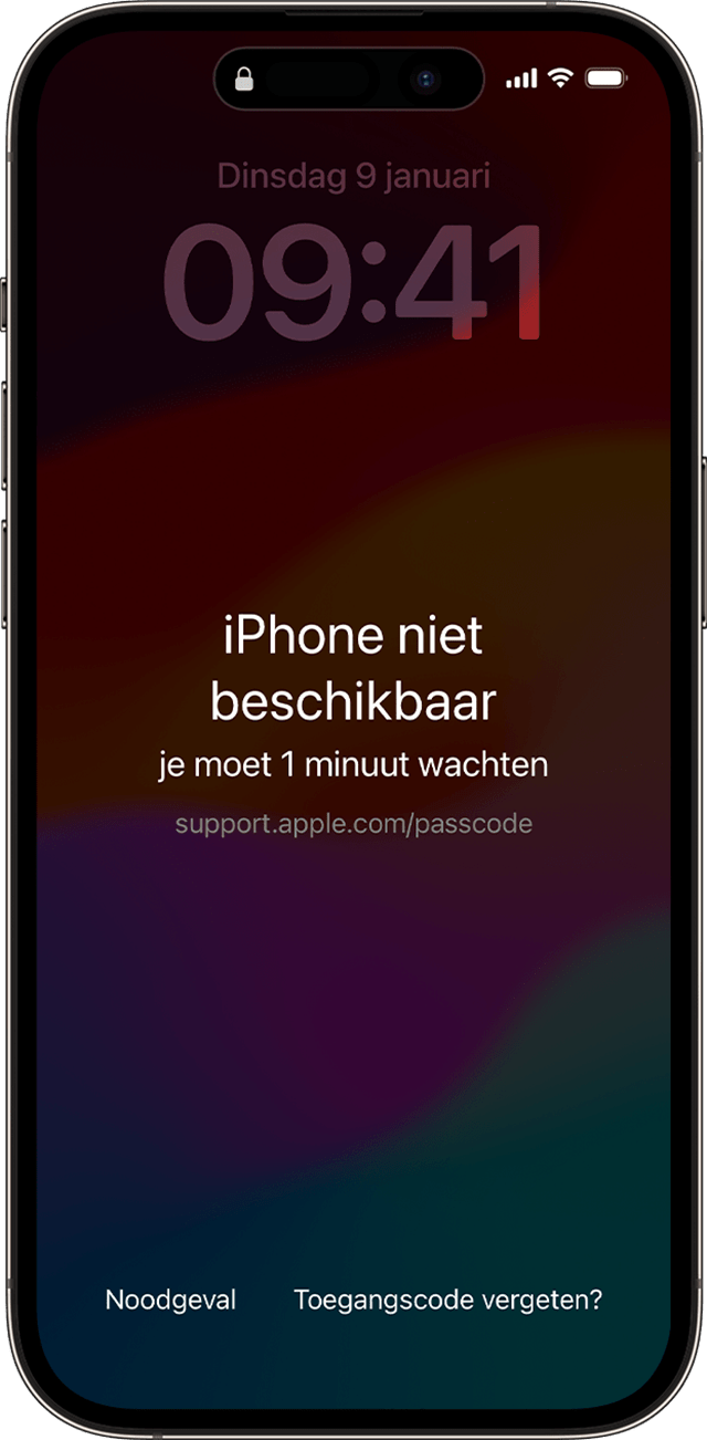 Het scherm 'iPhone niet beschikbaar' in iOS 17 of nieuwer bevat de optie 'Toegangscode vergeten?' .