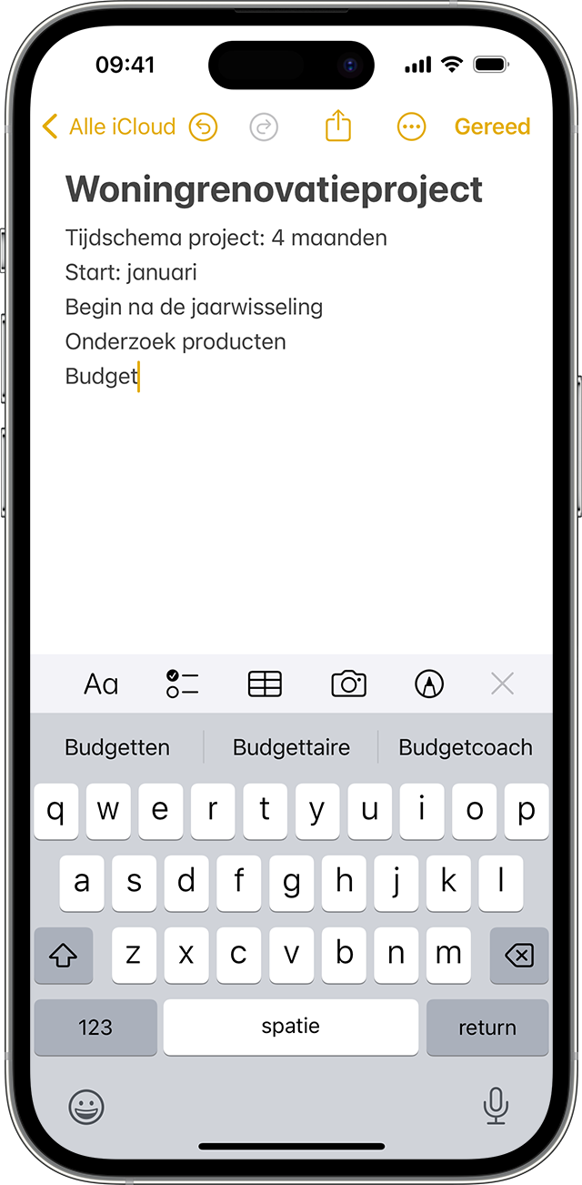 iPhone waarop wordt getoond hoe je een notitie aanmaakt in de app Notities.