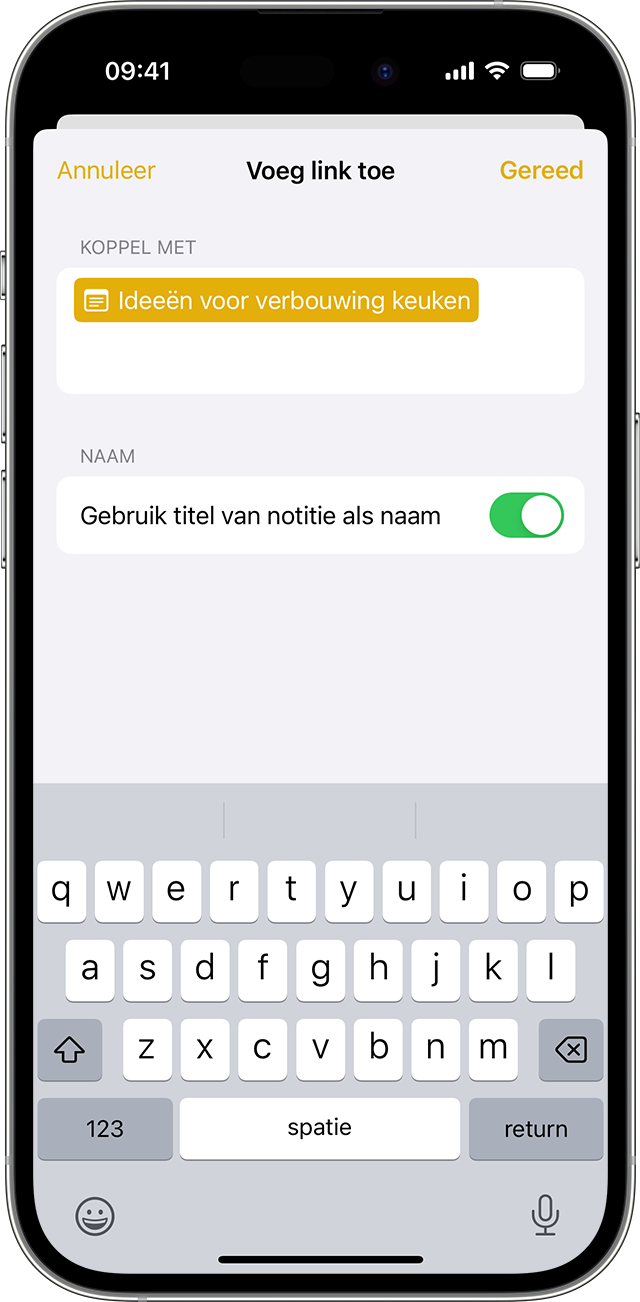 De opties voor het toevoegen van een link in Notities op een iPhone met iOS 17 of hoger.