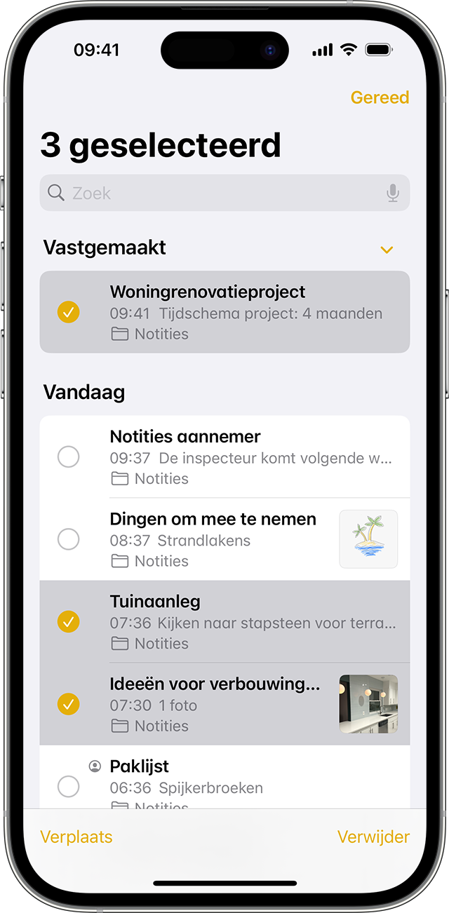iPhone waarop wordt getoond hoe je een notitie verplaatst naar een andere map in de app Notities.
