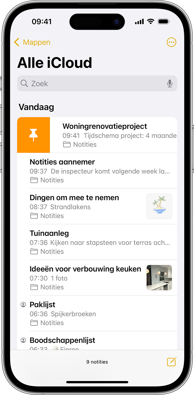 iPhone waarop wordt getoond hoe je een notitie vastmaakt in de app Notities.