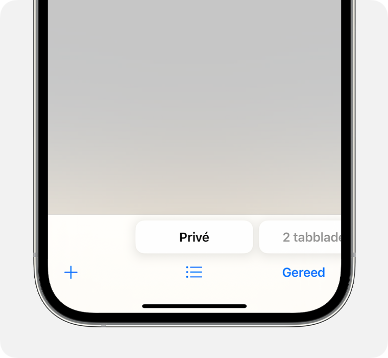 Een iPhone die de Safari-app toont waarin de tabbladgroep Privémodus is geselecteerd.