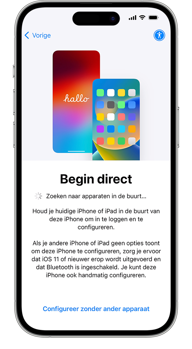 Als je je oude telefoon in de buurt van je nieuwe iPhone plaatst, helpt de app Stap over op iOS om je gegevens draadloos over te zetten.