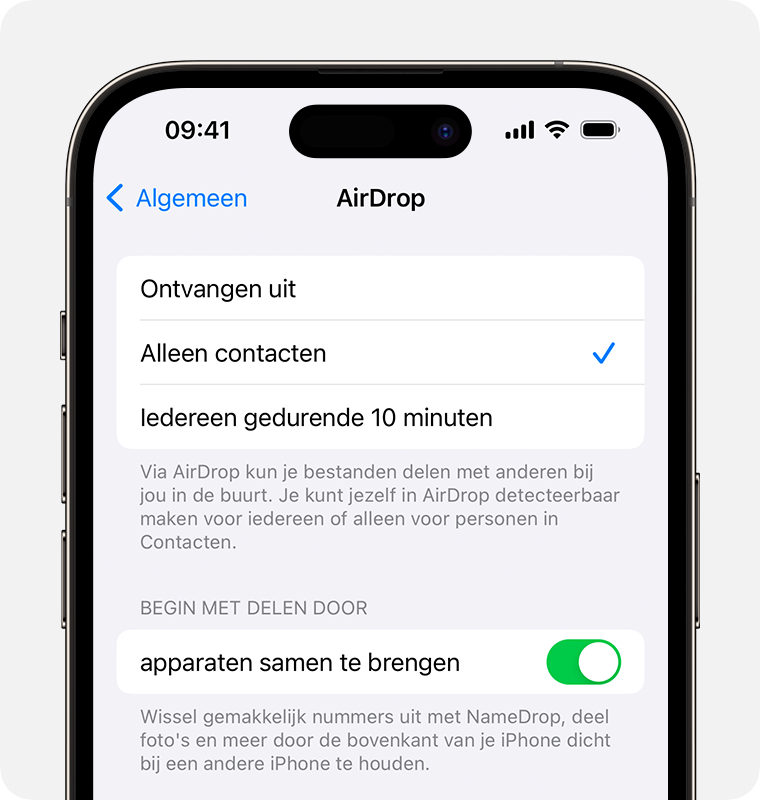 De AirDrop-instellingen op een iPhone met 'Alleen contacten' geselecteerd.