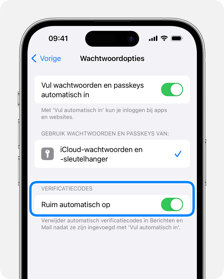 In iOS 17 en nieuwer kunnen berichten die wachtwoordverificatiecodes bevatten na gebruik van die code automatisch worden verwijderd uit Berichten. 