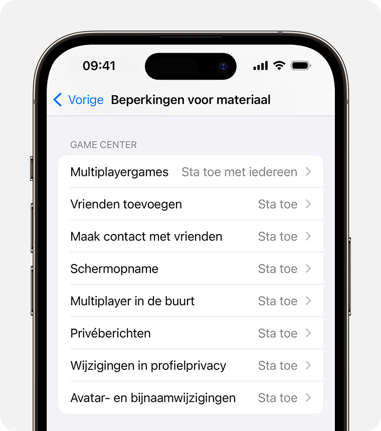 iPhone-scherm met opties voor beperkingen voor ouderlijk toezicht 