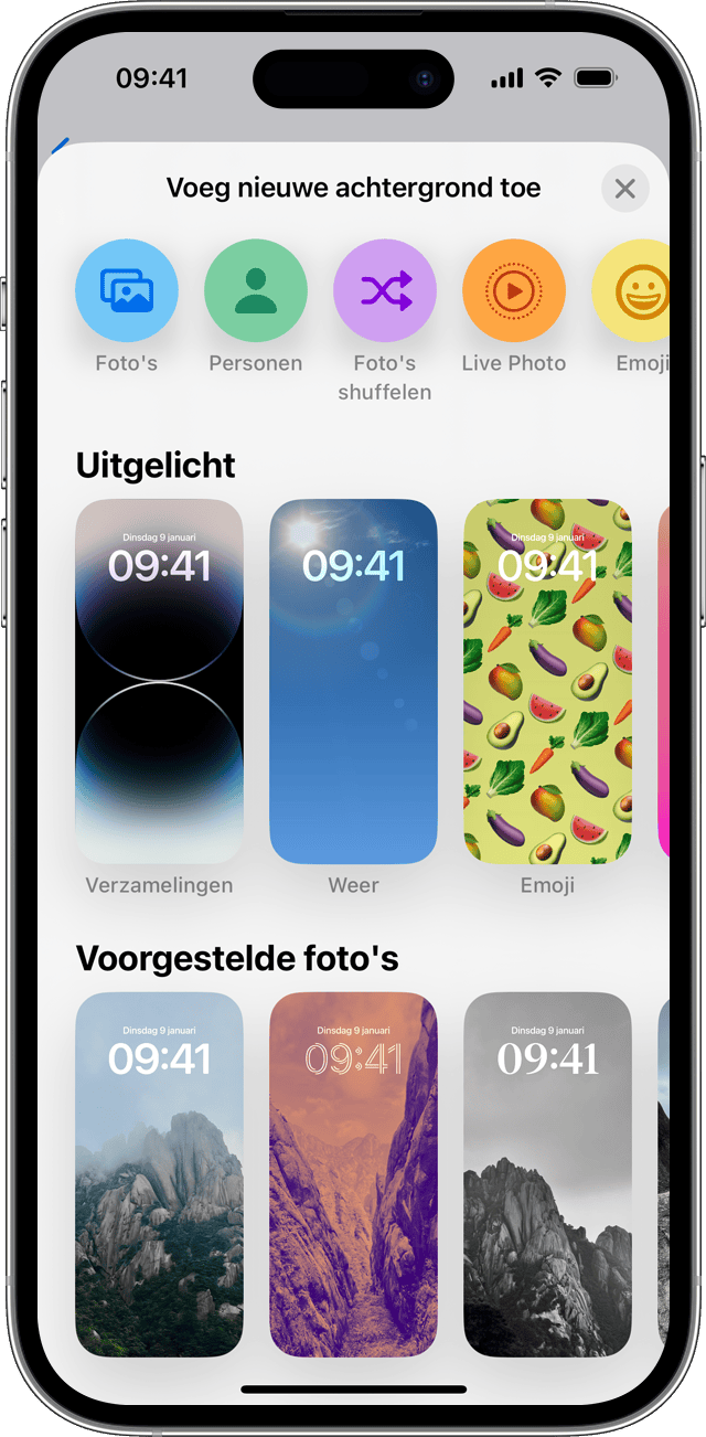 De opties om een nieuwe achtergrond toe te voegen in iOS 16.
