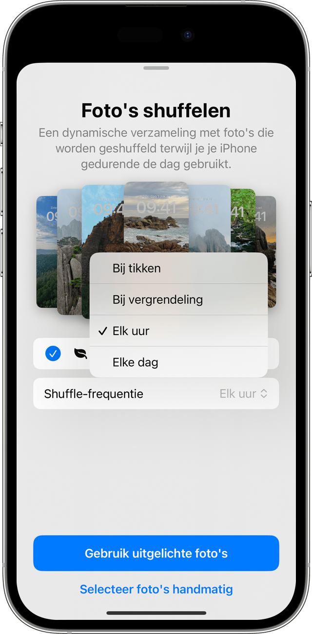 De frequentieopties voor 'Foto's shuffelen' wanneer je meerdere foto's instelt voor roulatie op je toegangsscherm op iPhone.