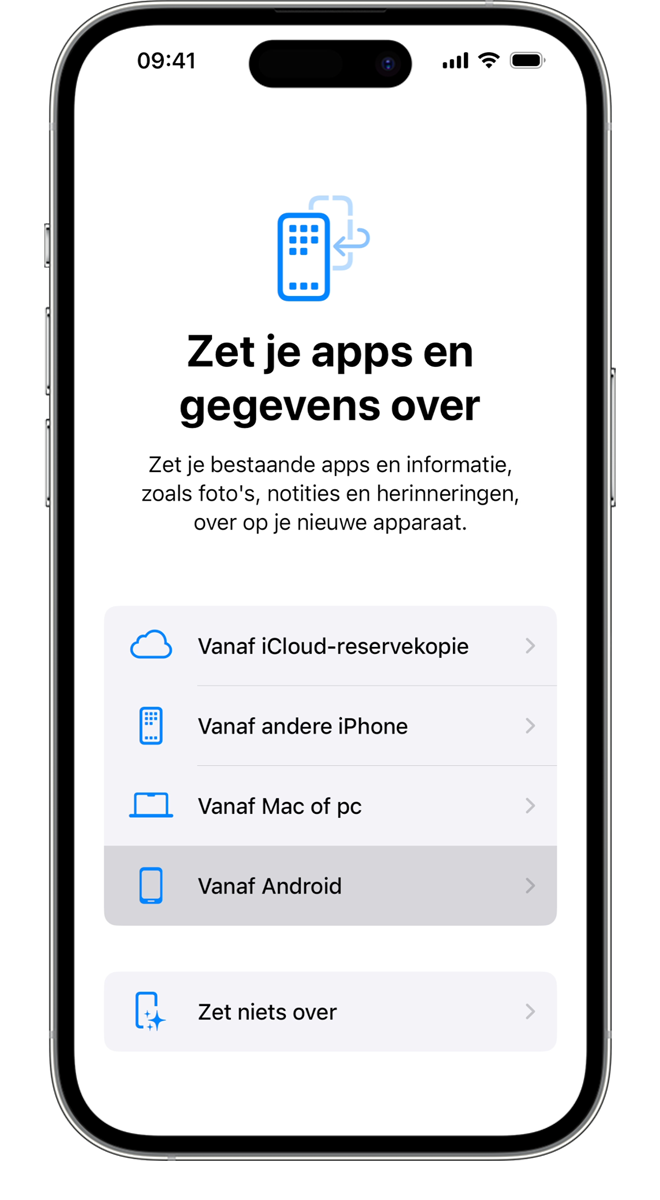 Tijdens het overdrachtsproces kun je kiezen welke apps en informatie je wilt overzetten.