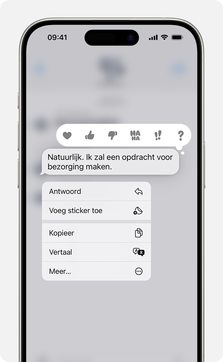 iPhone waarop een menu voor inline antwoorden te zien is nadat je een berichtballon ingedrukt hebt gehouden om een inline antwoord te versturen