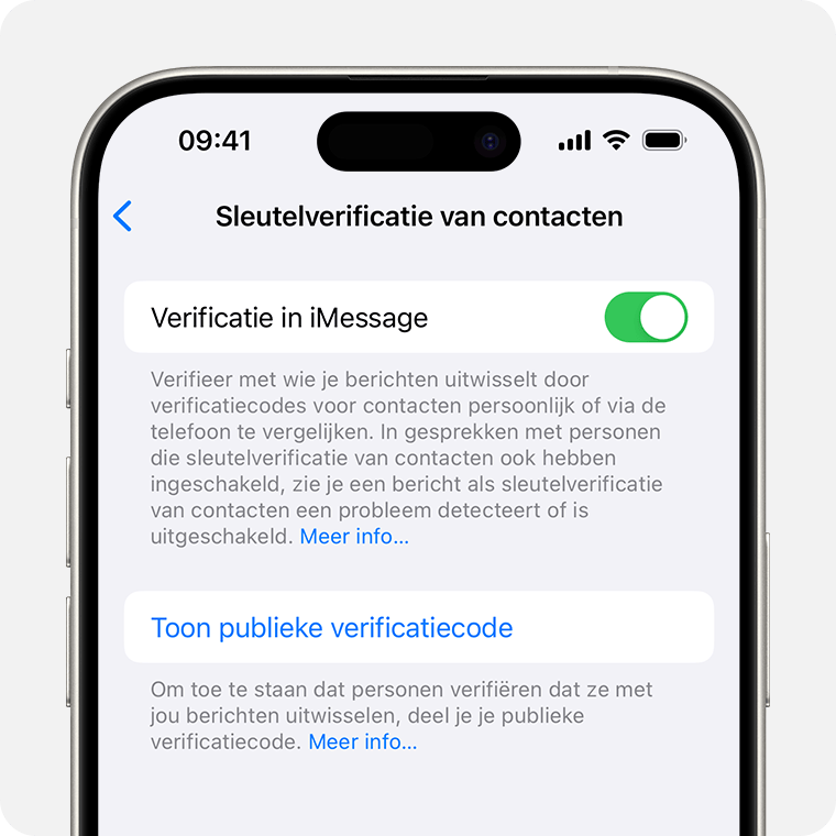 Tik in de instellingen voor 'Sleutelverificatie van contacten' op 'Toon publieke verificatiecode' om je publieke code te delen.
