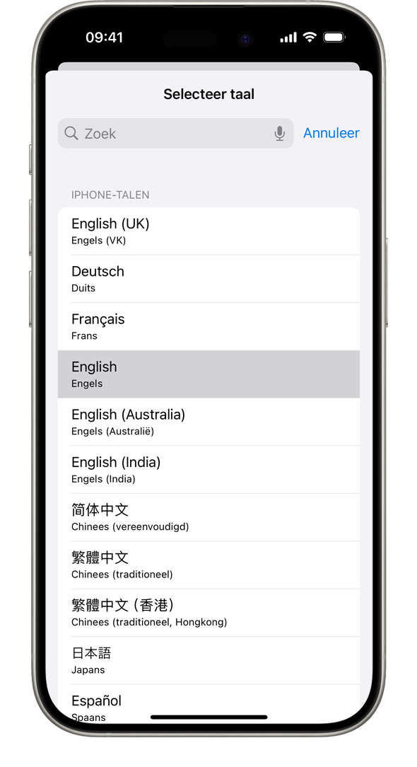 Een iPhone met de lijst van beschikbare systeemtalen, met 'Frans' gemarkeerd.