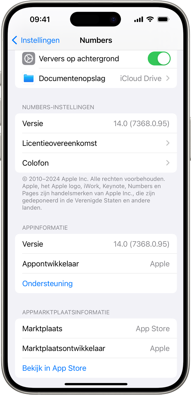 Scherm in Instellingen voor een app die op de iPhone is geïnstalleerd, met de naam van de marktplaats waarvandaan deze is geïnstalleerd en een link naar 'Ondersteuning'.