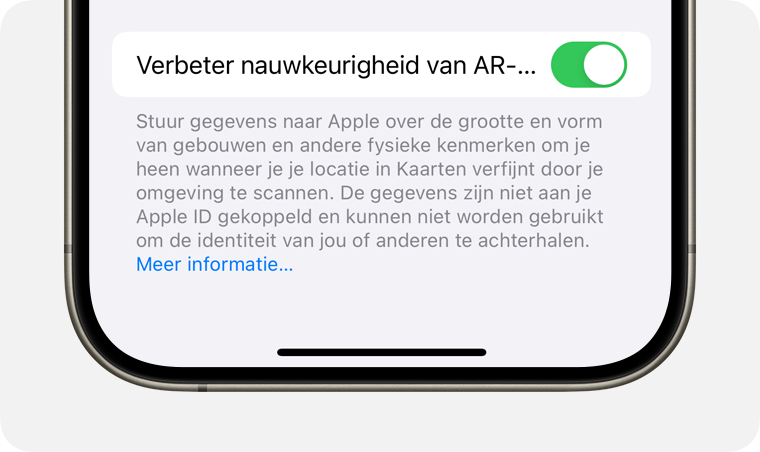 In de instellingen voor 'Privacy en beveiliging' kun je ervoor kiezen gegevens met Apple te delen om functies zoals 'Nauwkeurigheid van AR-locatie' te verbeteren.