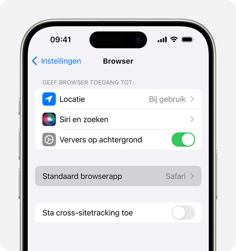 Een iPhone-scherm met de optie om een standaardbrowser in te stellen