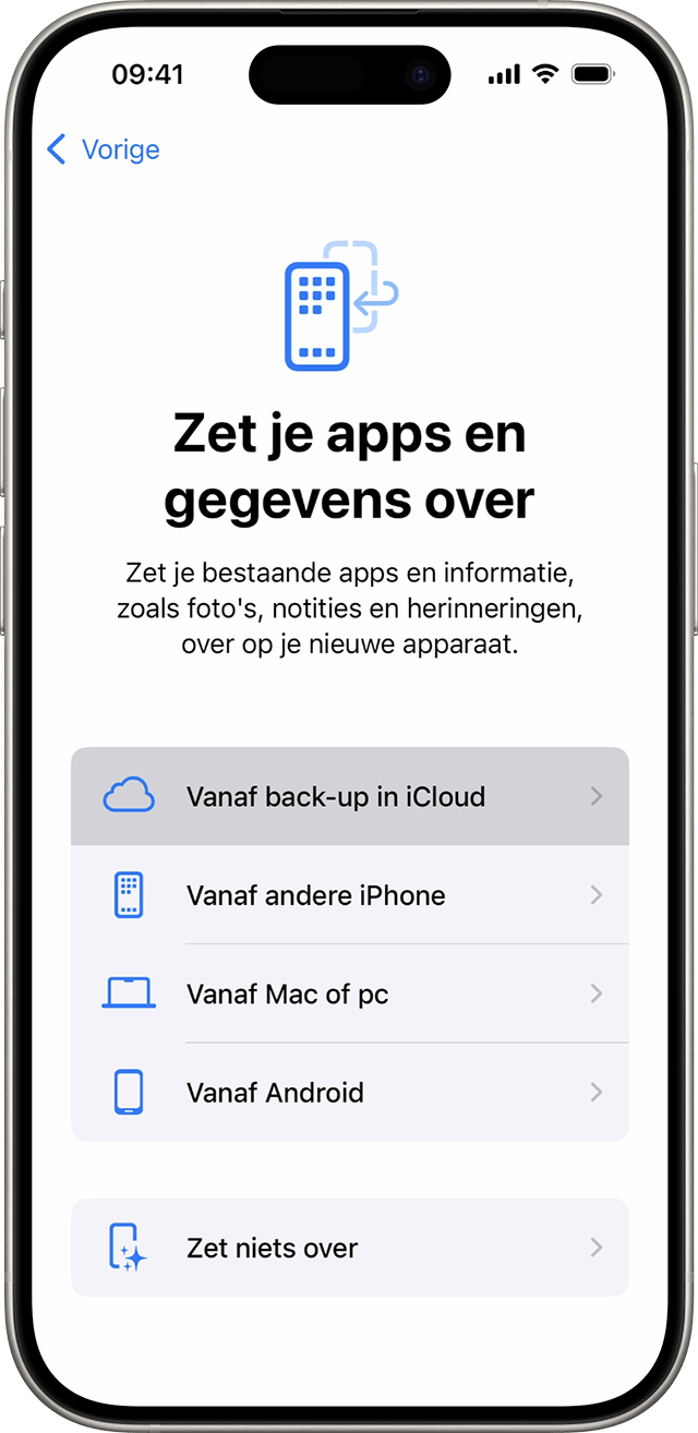 Een iPhone met het scherm 'Apps en gegevens' met 'Zet iCloud-reservekopie terug' geselecteerd