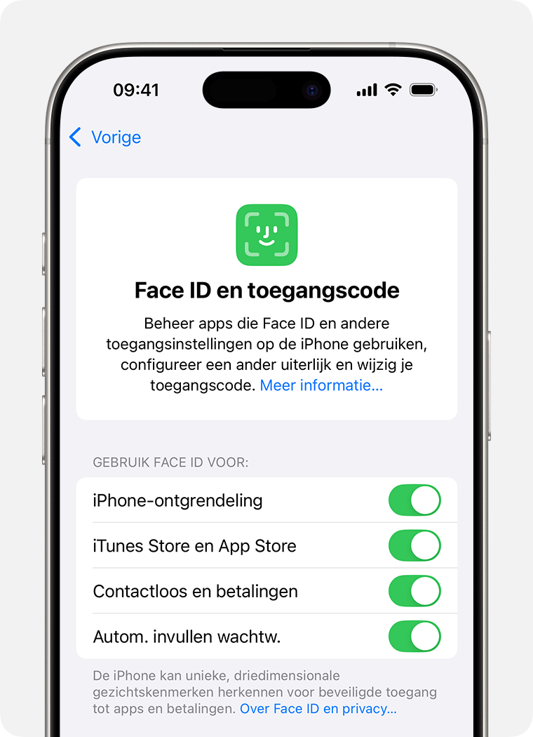 De iOS-instellingenpagina voor 'Face ID en toegangscode'.