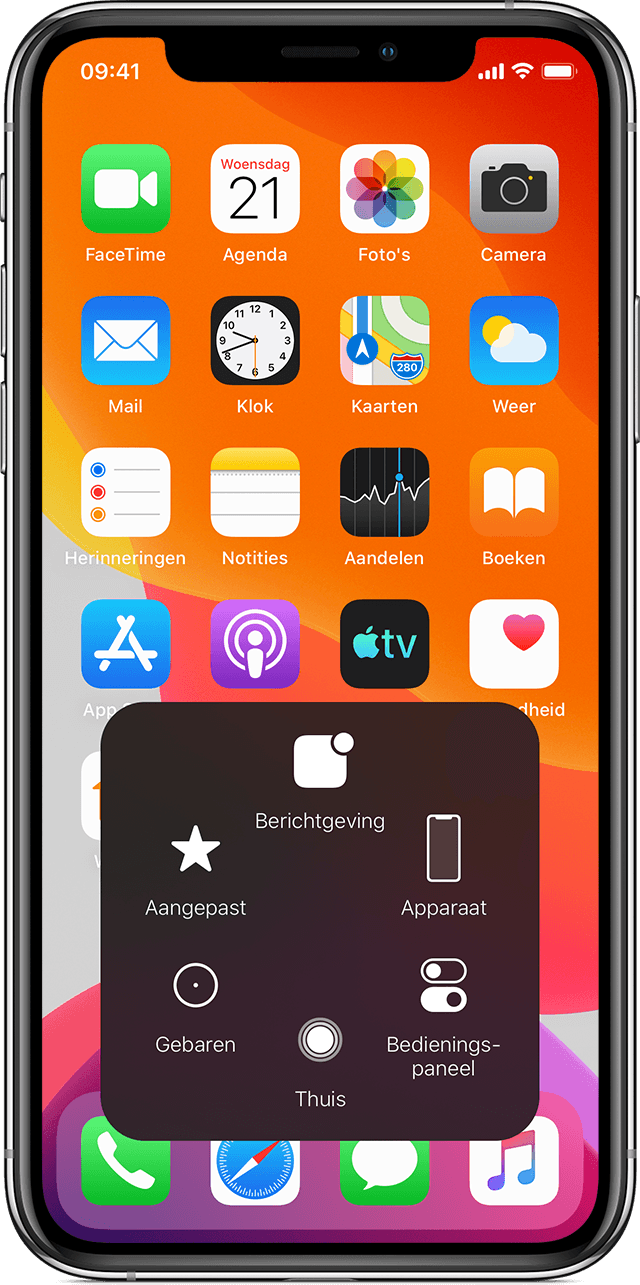 iPhone-beginscherm met het AssistiveTouch-menu