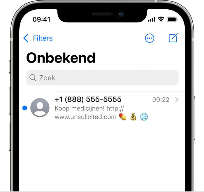 iPhone-scherm waarop gefilterde berichten van onbekende afzenders worden weergegeven