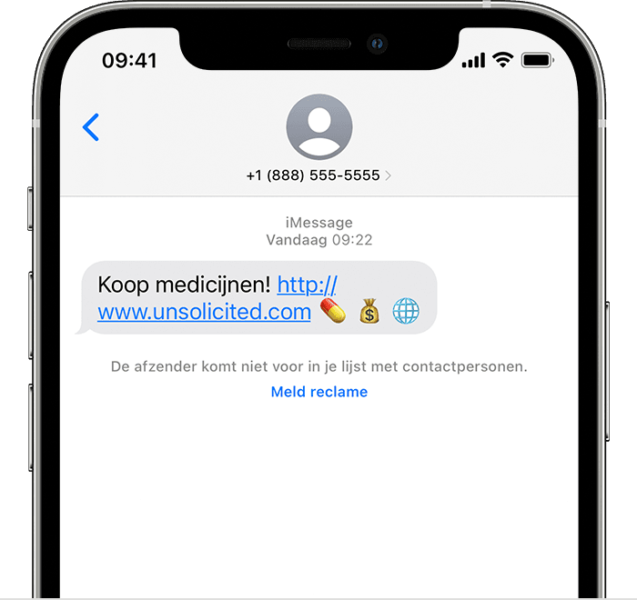 iPhone met de optie voor het melden van een iMessage als reclame
