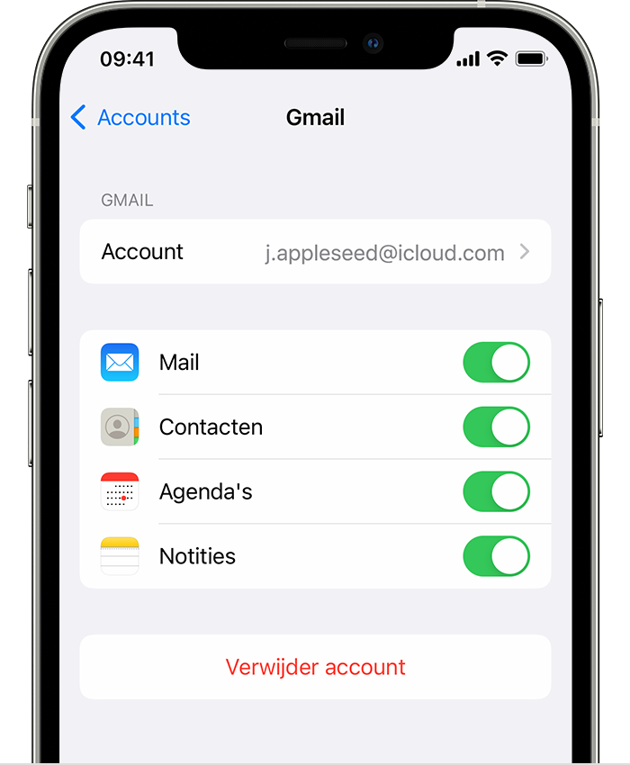 Een iPhone met de instellingen voor een verbonden Gmail-account via 'Instellingen' > 'Mail' > 'Accounts' > 'Gmail'.