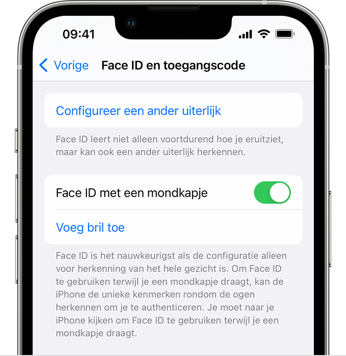 Op een iPhone 12 of nieuwer met iOS 15.4 of nieuwer, heeft de pagina voor 'Face ID en toegangscode' in de Instellingen-app een optie om 'Face ID met een mondkapje' in te schakelen.