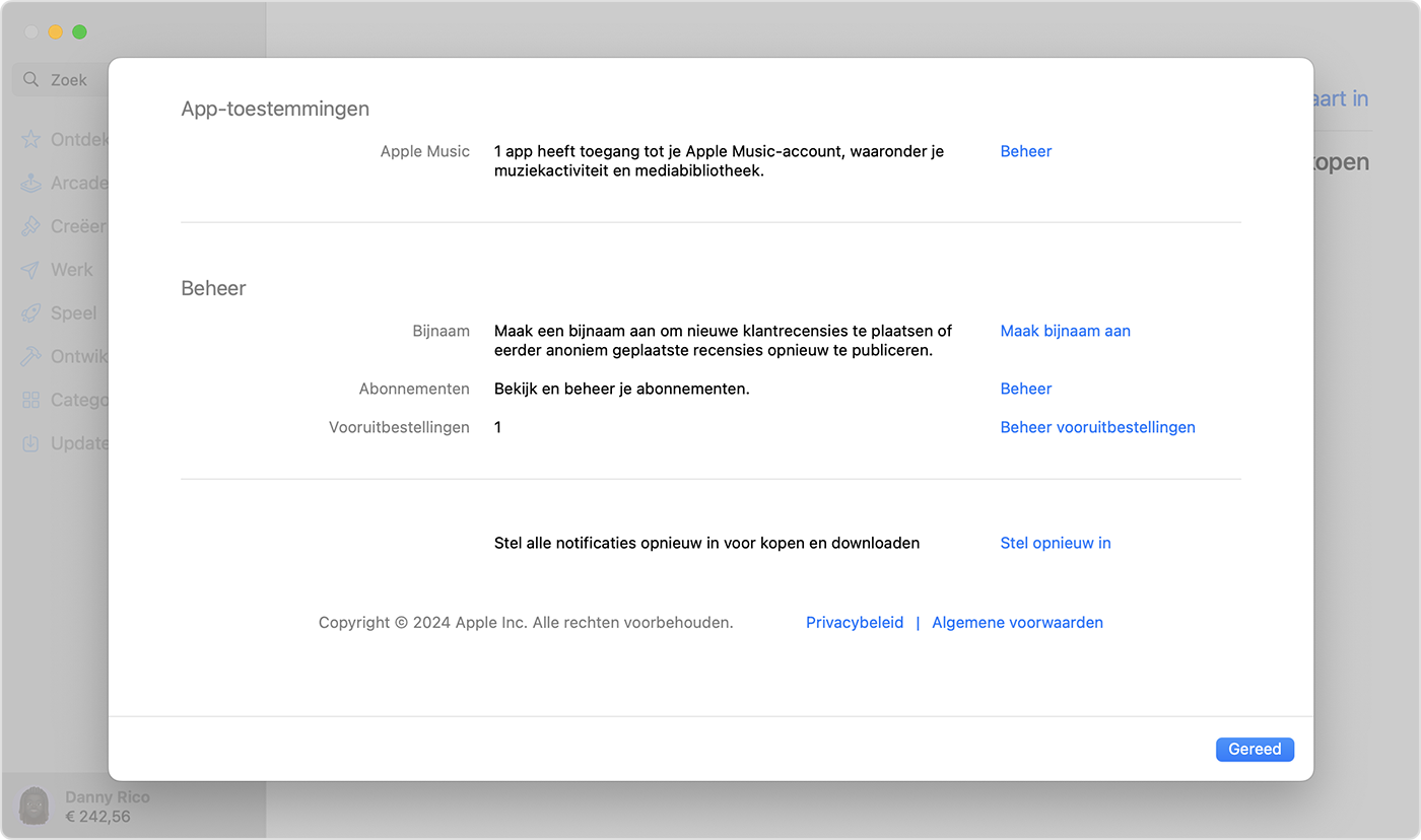 App Store op de Mac die 'Vooruitbestellingen' in 'Accountinstellingen' toont