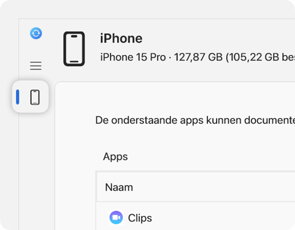 De Apple Devices-app met het verbonden apparaat in de navigatiekolom