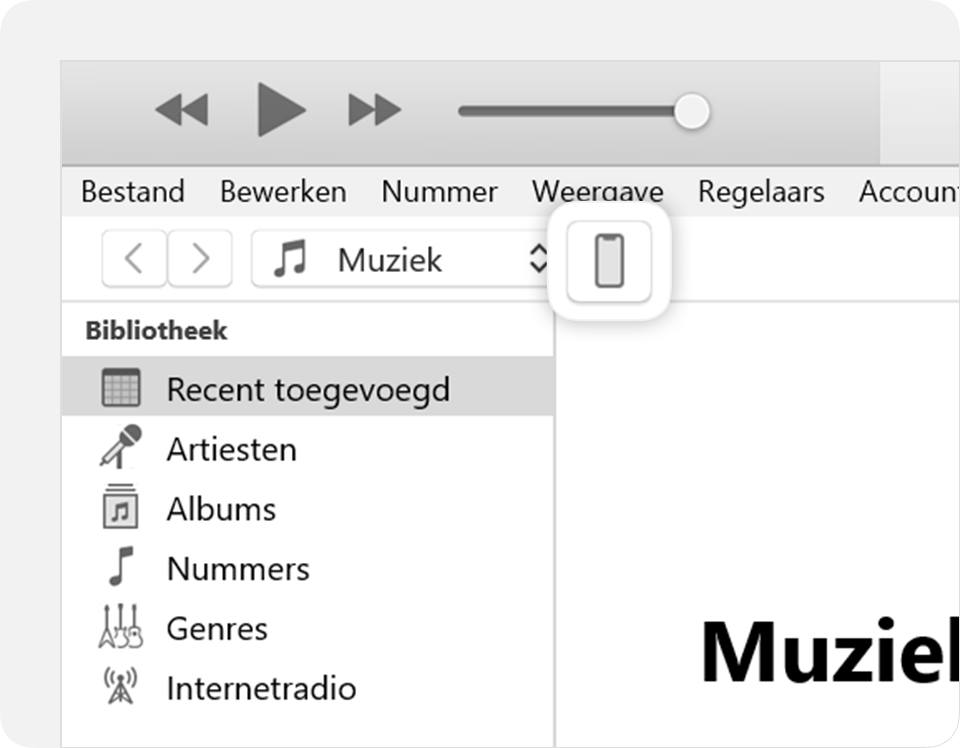 Het iTunes-venster met een symbool van het verbonden apparaat in de rechterbovenhoek