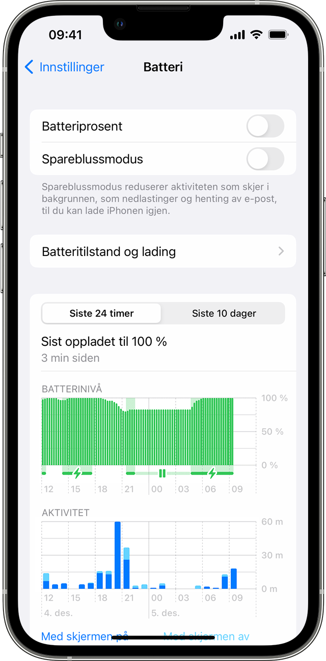 En iPhone som viser Batteri-skjermen i Innstillinger