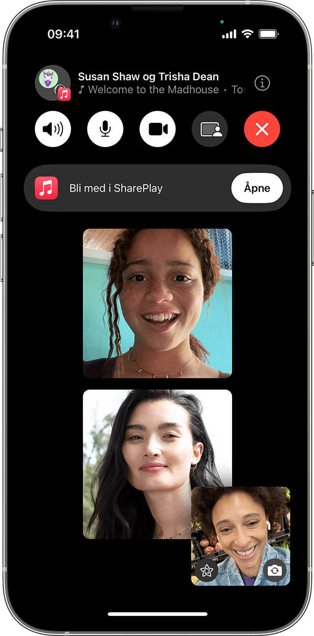 iPhone som viser Bli med i SharePlay i en FaceTime-samtale.