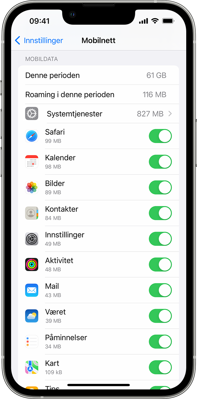 En iPhone-skjerm som viser mobildatabruk