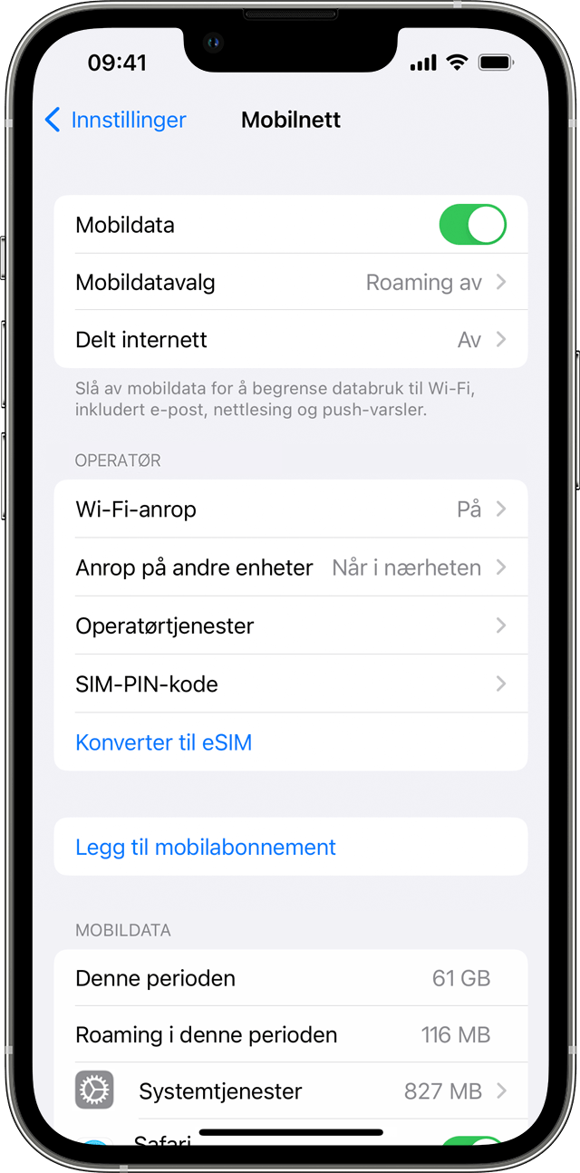 En iPhone-skjerm som viser innstillingene for mobildata