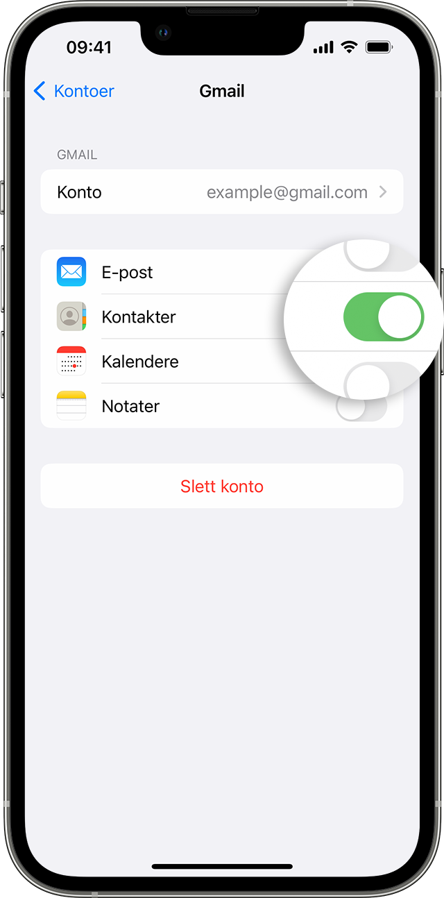 En iPhone-skjerm som viser hvordan du slår på Kontakter for Gmail-kontoen din
