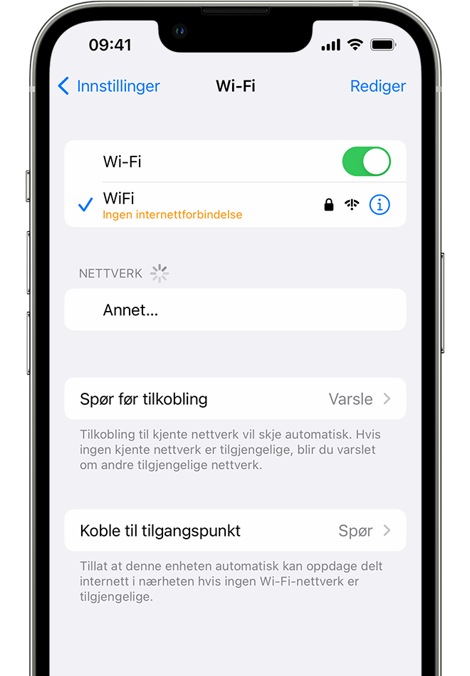 En iPhone som viser Wi-Fi-skjermen. En varselmelding vises under navnet på Wi-Fi-nettverket.
