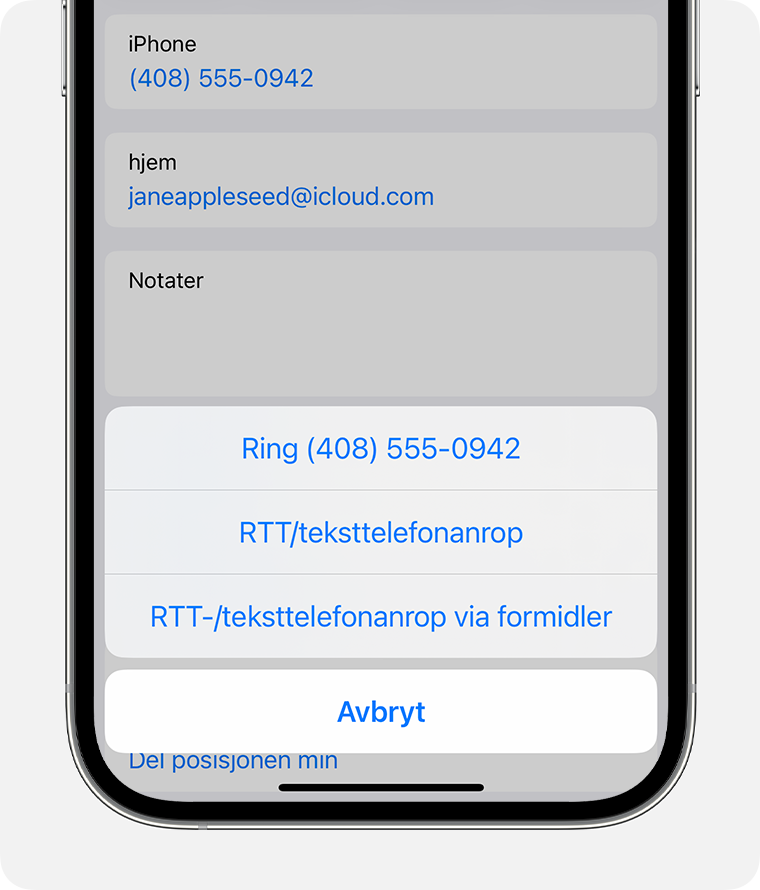 iPhone-skjerm som viser menyen for å velge RTT/Teksttelefonanrop eller RTT-/teksttelefonanrop via formidler