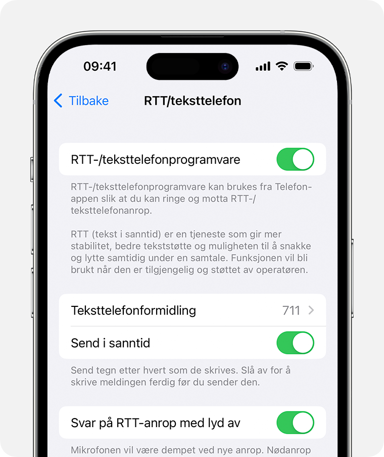 iPhone-skjerm med RTT/Teksttelefonanrop slått på