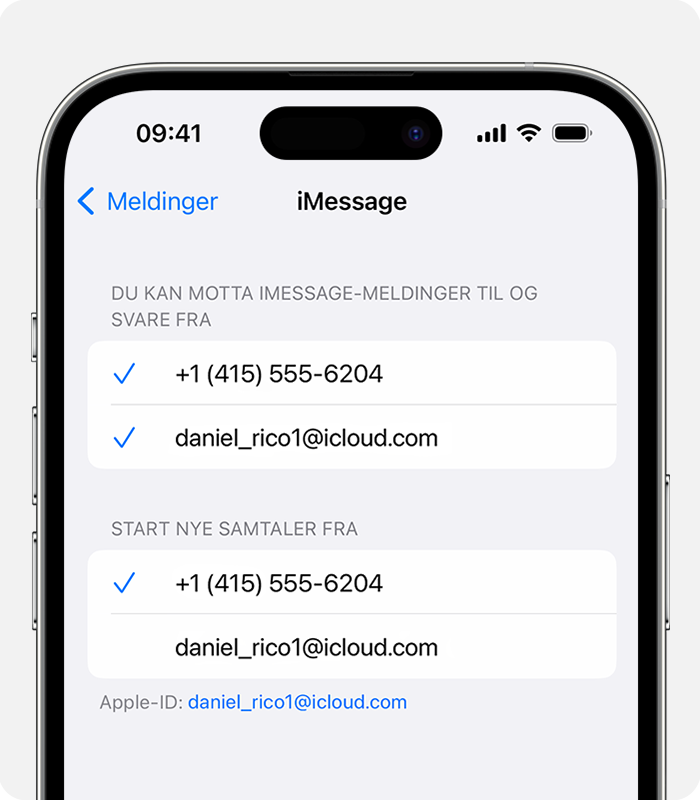 I Innstillinger > Meldinger > Send og motta kan du velge om du vil bruke et telefonnummer eller en e-postadresse for nye samtaler.