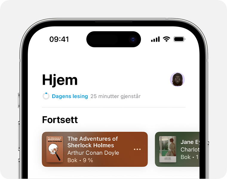 iPhone-skjerm som viser Hjem-delen i Bøker-appen 