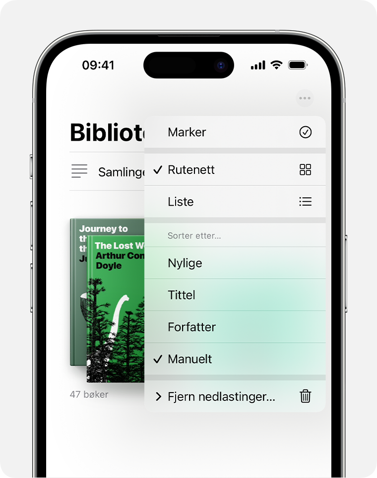 iPhone-skjerm som viser alternativene for organisering i Bøker-appen 